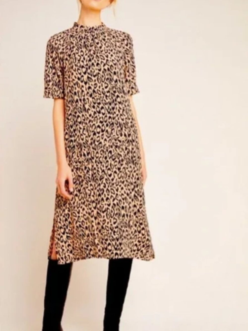 Anthropologie MacKenzie Dress Animal Print Leopard Midi Short Sleeve Brown Large - Picture 1 of 10
